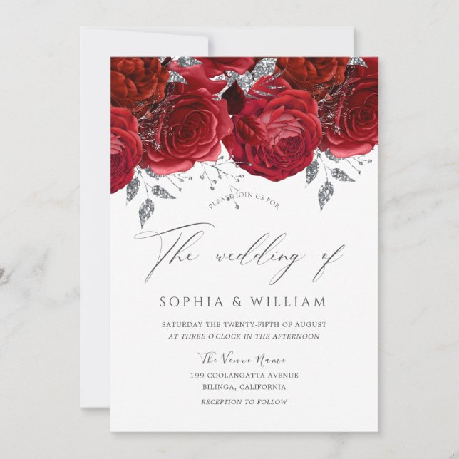 Invitación Romántico Roses Rojos Plata Leaf Elegante Boda (Anverso)