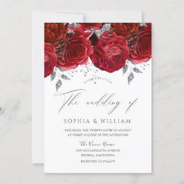 Invitación Romántico Roses Rojos Plata Leaf Elegante Boda