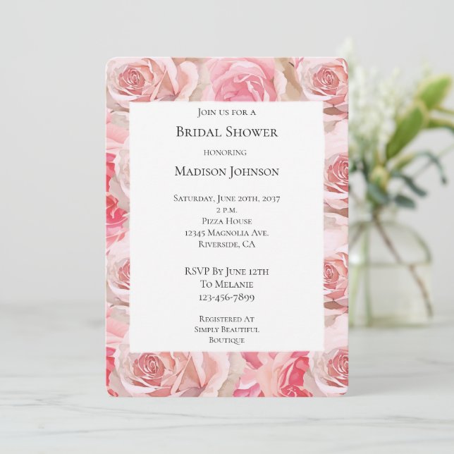 Invitación Romántico Roses Rosados Floral Brillante Ducha (Anverso de pie)