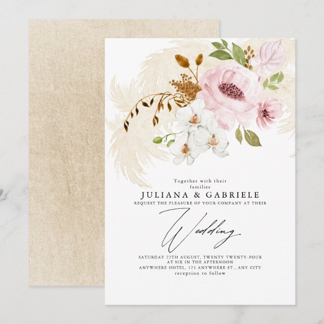 Invitación Romántico Rubor Brown Greenery Boho Boda Floral (Anverso / Reverso)