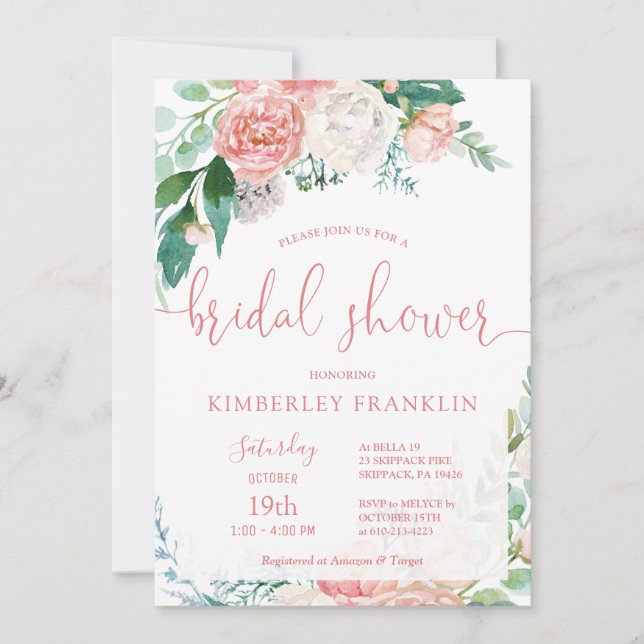 Invitación Romántico Rubor Floral and Gold Bridal Shower (Anverso)