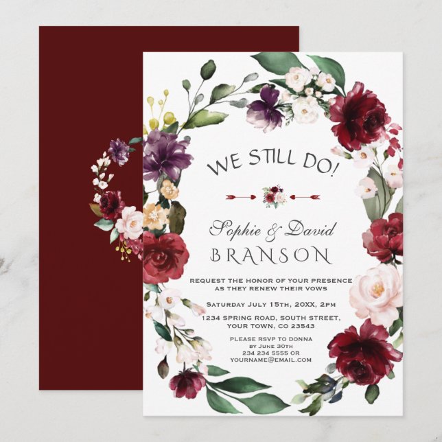 Invitación Romántico Rubor Floral de Borgoña que TODAVÍA HACE (Anverso / Reverso)