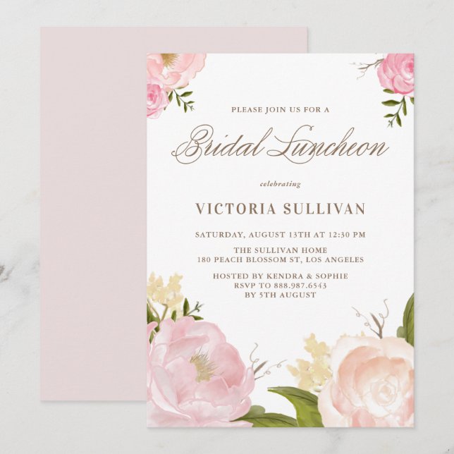 Invitación Romántico Rubor Flores rosas Noche de Novias (Anverso / Reverso)