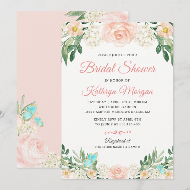 Invitación Romántico Rubor Peach Floral Blossom Bridal Shower (Anverso / Reverso)