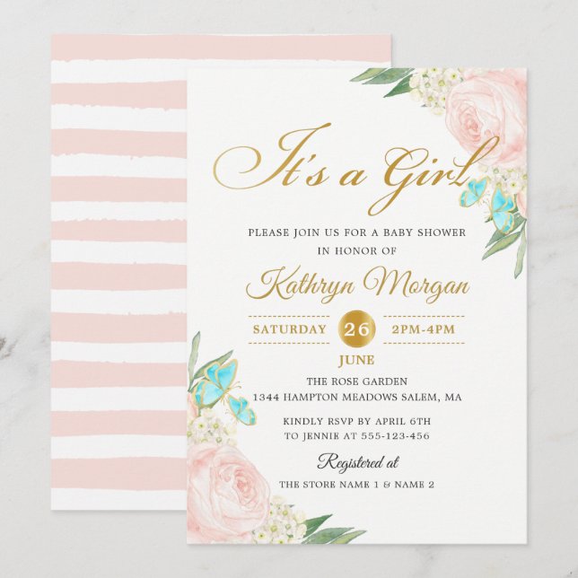Invitación Romántico Rubor Peach Rosa Garden Baby Shower (Anverso / Reverso)