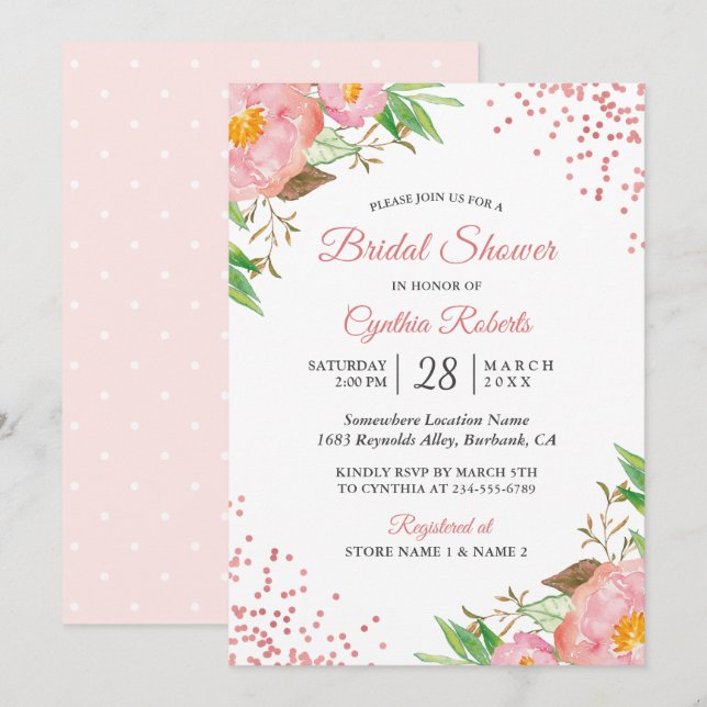 Invitación Romántico Rubor Pink Floral Confetti Bridal Shower (Anverso / Reverso)