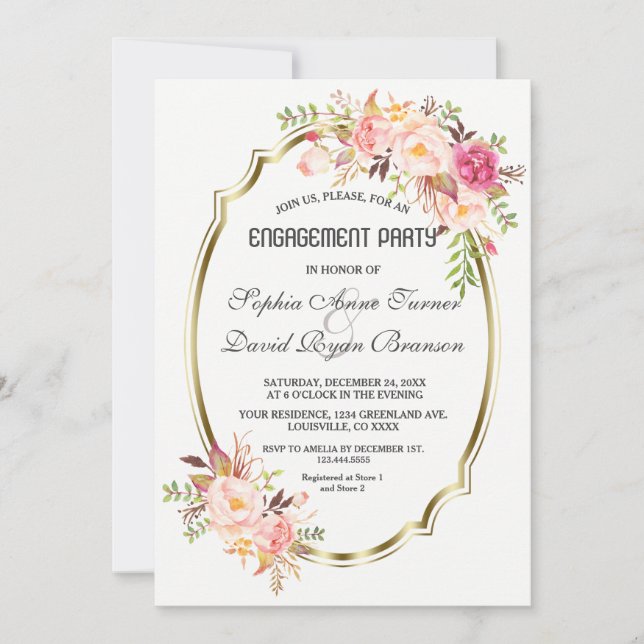 Invitación Romántico Rubor Pink Floral Gold Engagement Party (Anverso)