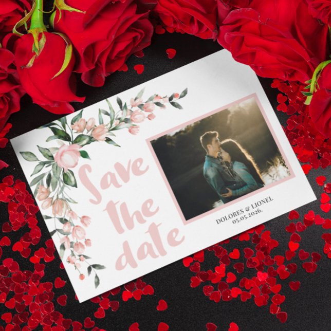 Invitación Romántico Rubor PInk Floral Photo Guardar la fecha (Subido por el creador)