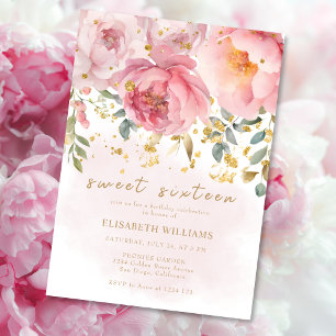 Invitación Romántico Rubor Pink Floral Sweet 16 cumpleaños