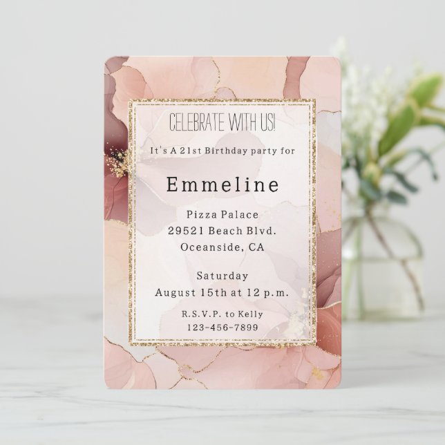 Invitación Romántico Rubor Pink Gold Floral Cumpleaños (Anverso de pie)