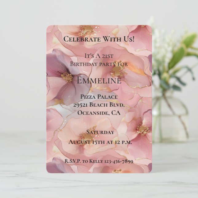 Invitación Romántico Rubor Pink Gold Glitz Flores Cumpleaños (Anverso de pie)