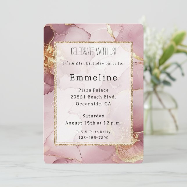 Invitación Romántico Rubor Pink Gold Resumen Cumpleaños Flora (Anverso de pie)