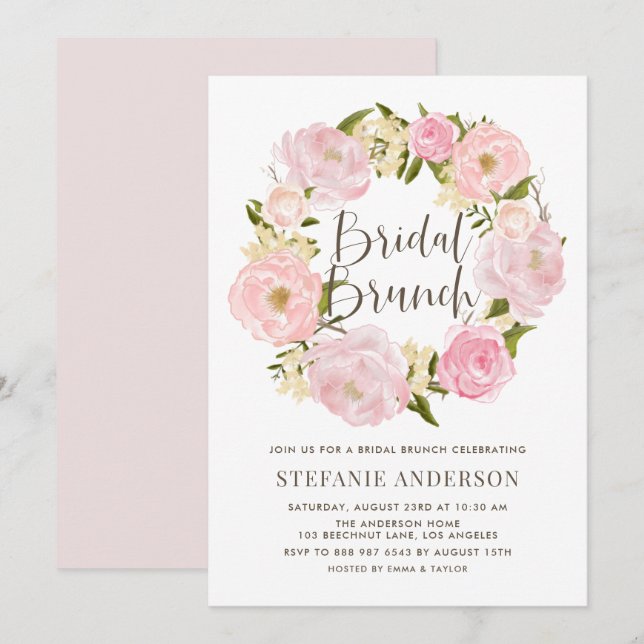Invitación Romántico Rubor Pink Peony Wreath Bridal Brunch (Anverso / Reverso)
