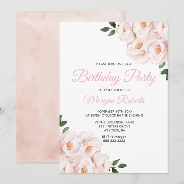 Invitación Romántico Rubor Pink Rose Birday Party (Anverso / Reverso)