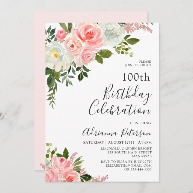 Invitación Romántico Rubor Rosa Floral 100 cumpleaños (Anverso / Reverso)