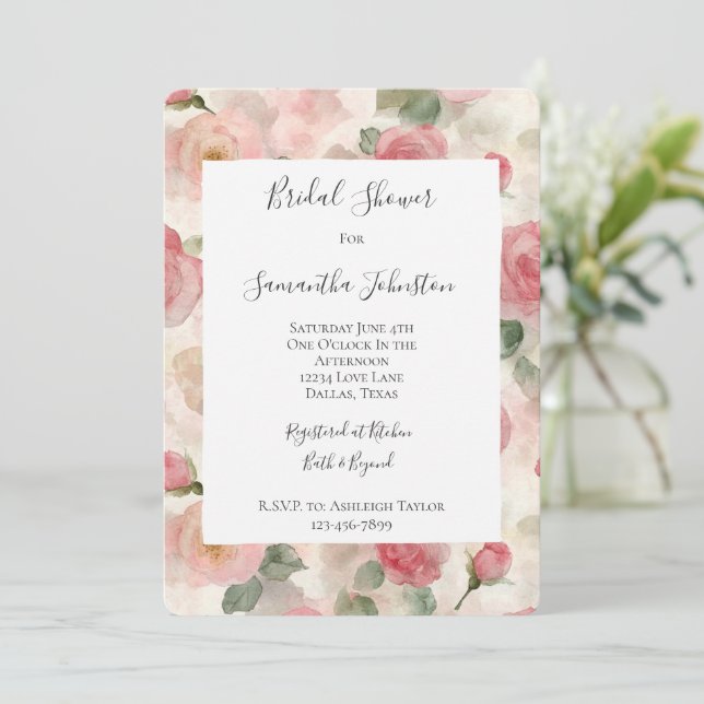 Invitación Romántico Rubor rosa Roses Floral Bridal Shower (Anverso de pie)