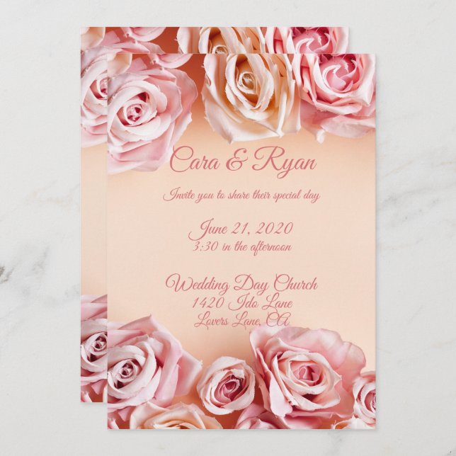 Invitación Romántico Rubor Roses Rosa Elegante Boda (Anverso / Reverso)