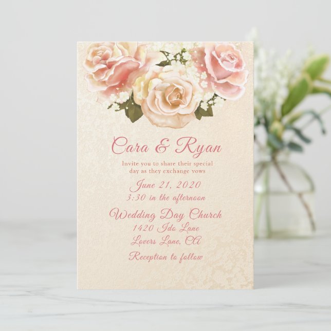 Invitación Romántico Rubor Roses Rosa Elegante Boda (Anverso de pie)