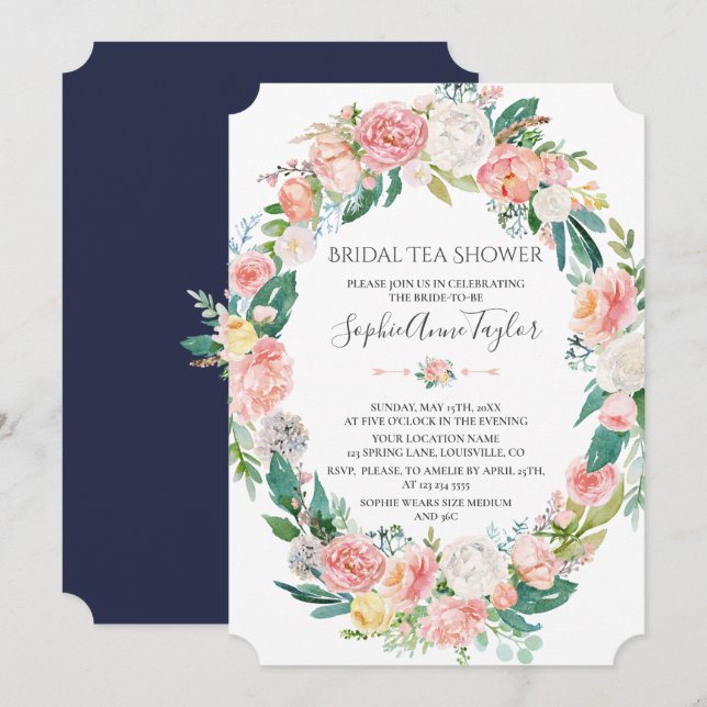 Invitación Romántico Rubor White Floral Bridal Tea Shower (Anverso / Reverso)