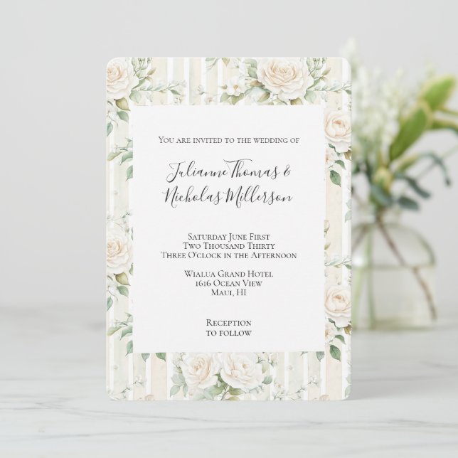 Invitación Romántico Rubor White Roses Floral Stripes Boda (Anverso de pie)