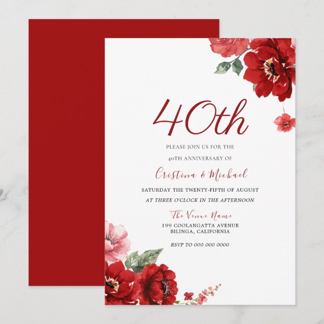 Invitación Romántico Ruby Red Floral 40 Aniversario (Anverso / Reverso)