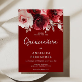 Invitación Romántico Ruby Red Rose Vibrante Quinceanera 15