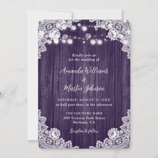 Invitación Romántico Rústico Boda de Purple Wood Lace (Anverso)