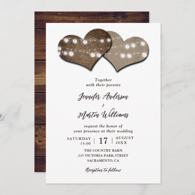 Invitación Romántico Rústico Madera Burlap String Luces Boda (Anverso / Reverso)