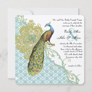 Invitación Romántico Rústico Menta Pavo Real Damasco Boda