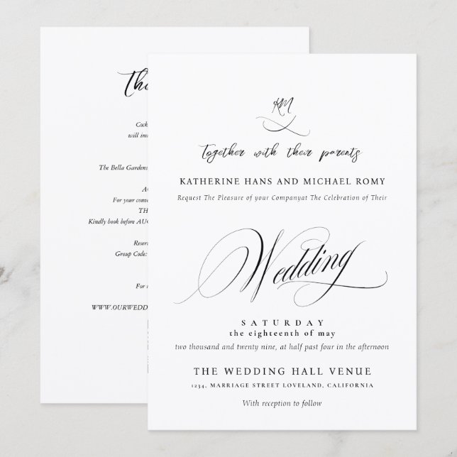 Invitación Romántico Script Caligrafía Elegante Boda (Anverso / Reverso)
