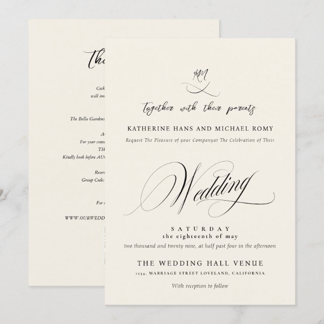 Invitación Romántico Script Caligrafía Elegante Boda (Anverso / Reverso)
