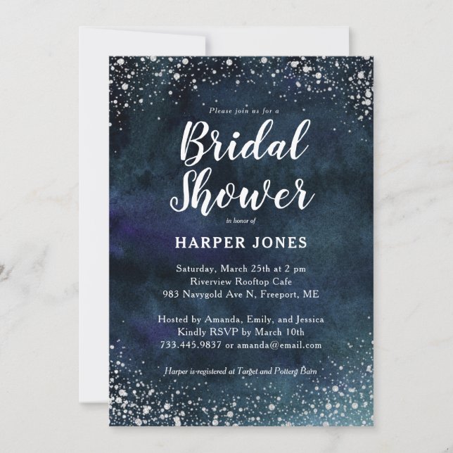 Invitación Romántico Stars Naval Blue Silver Bridal Shower (Anverso)