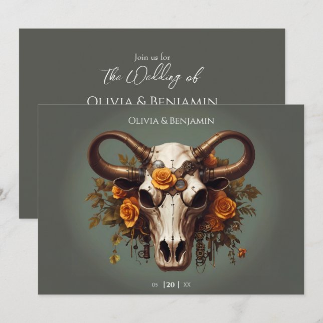 Invitación Romántico Steampunk Floral Cow Skull Boda (Anverso / Reverso)