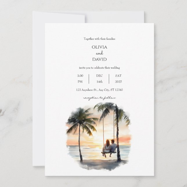 Invitación Romántico Sunset Beach Swing Palm Trees Boda (Anverso)