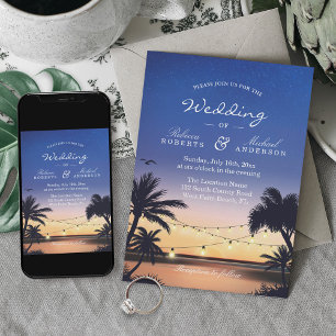 Invitación Romántico Sunset Palm Beach String Luces Boda