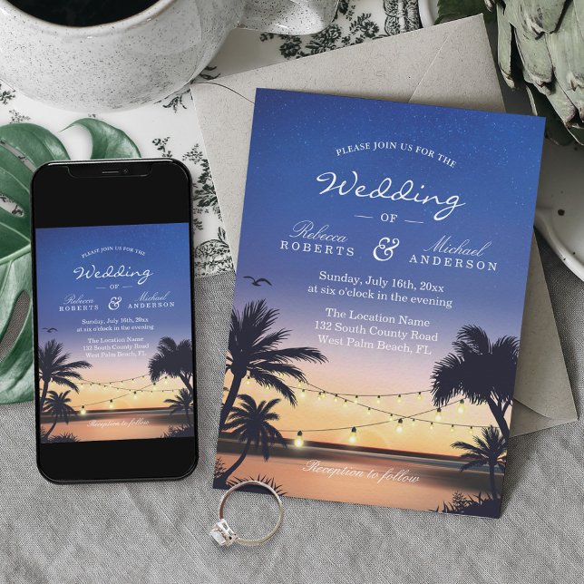 Invitación Romántico Sunset Palm Beach String Luces Boda (Subido por el creador)