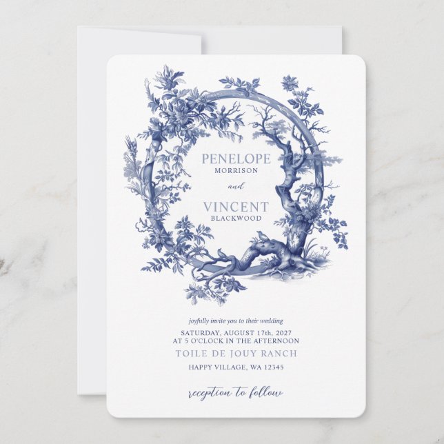 Invitación Romántico Toile de Jouy y con Aves Amadas (Anverso)