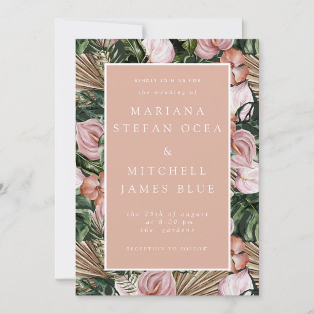 Invitación Romántico Tropical Floral suave durazno verde rosa (Anverso)