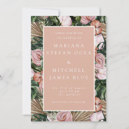 Invitación Romántico Tropical Floral suave durazno verde rosa