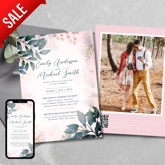Invitación Romántico Verde azulado Rubor Photo Qr Code Boda R (Subido por el creador)