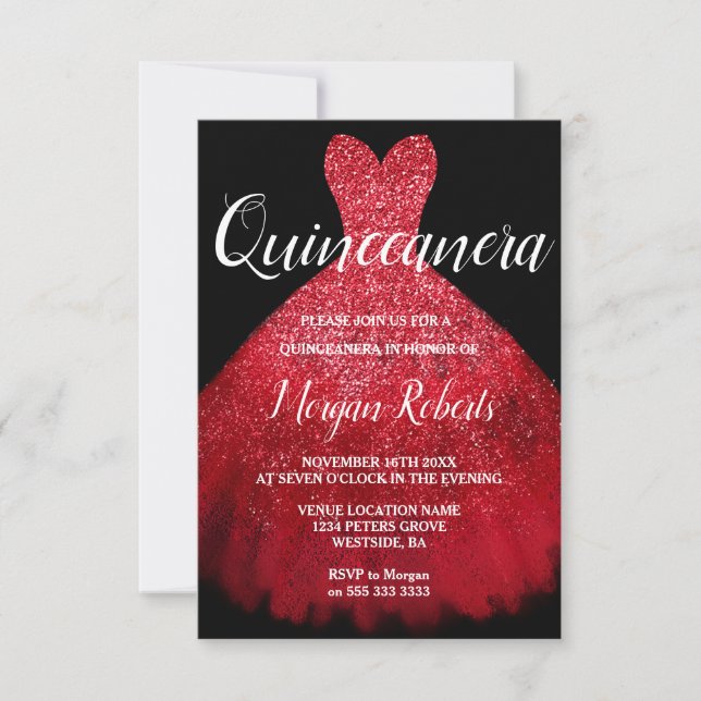 Invitación Romántico Vestido de Espuma Roja Quinceanera 15º F (Anverso)