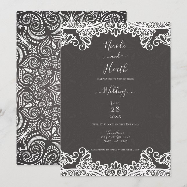 Invitación Romántico Vintage Boho Encaje Blanco Boda Marrón (Anverso / Reverso)