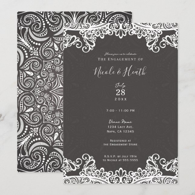 Invitación Romántico Vintage Boho Encaje Blanco Compromiso Ma (Anverso / Reverso)