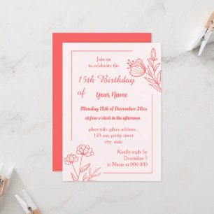 Invitación Romántico y elegante cumpleaños floral de coral ro