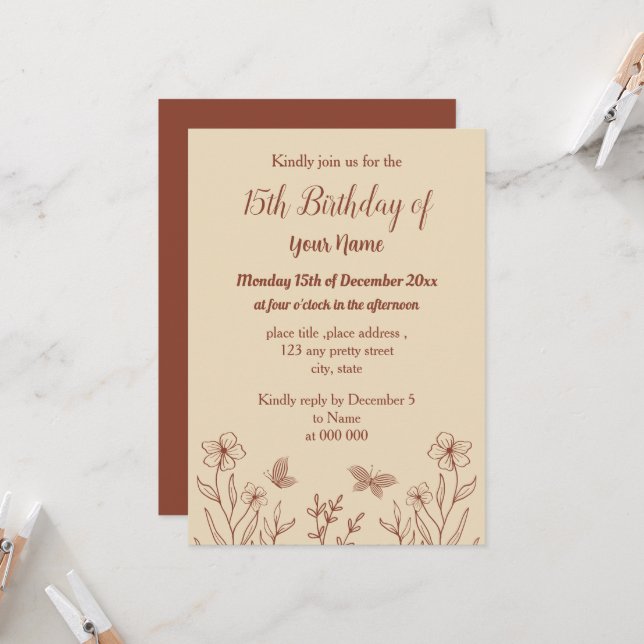Invitación Romántico y elegante cumpleaños floral de terracot (Anverso/Reverso In Situ)