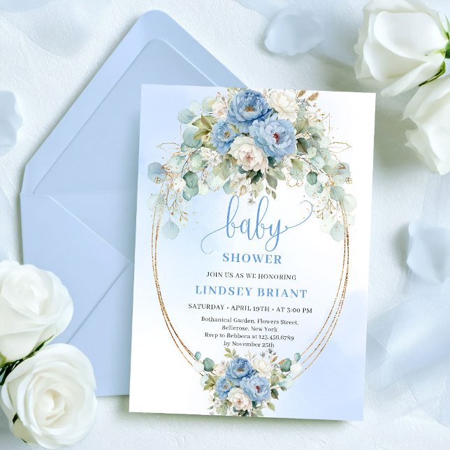 Invitación Románticos peonías azules polvorientas eucalipto d (Romantic Dusty Blue Peonies Eucalyptus Shower Invite

)