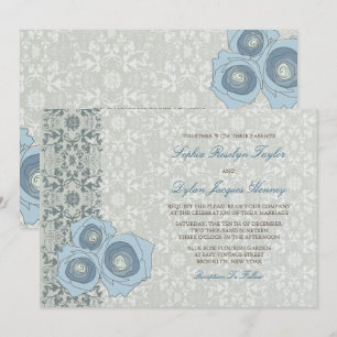 Invitación Románticos Rosas azules Damask Lace Elegant Weddin