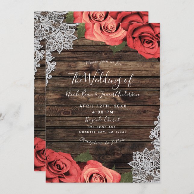 Invitación Románticos Rosas de Flores Rojas Boda de encaje de (Anverso / Reverso)