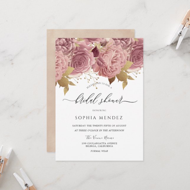 Invitación Románticos Rosas polvorientos Rubor Ducha de novia (Anverso/Reverso In Situ)