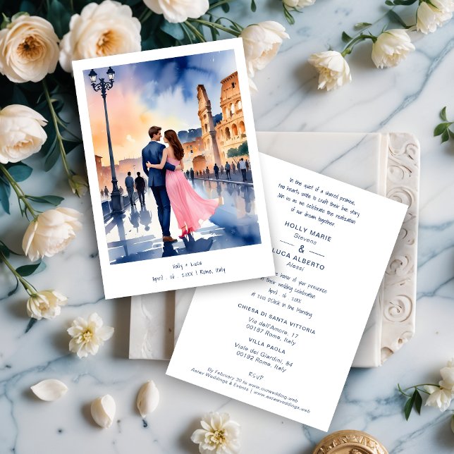 Invitación Rome Coliseum Colorful Cityscape Weddin (Rome Coliseum Colorful Cityscape Wedding Couple Illustration Invitations Cards. )